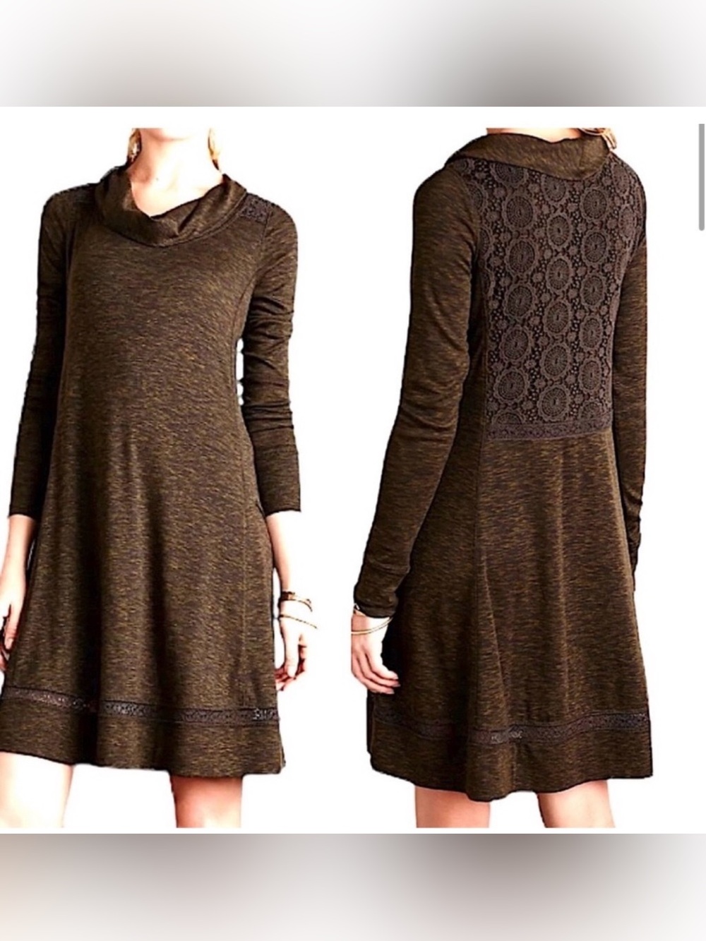 Anthropologie Saturday Sunday Women Size XL Cowl Neck Olive Swing Tunic Dress